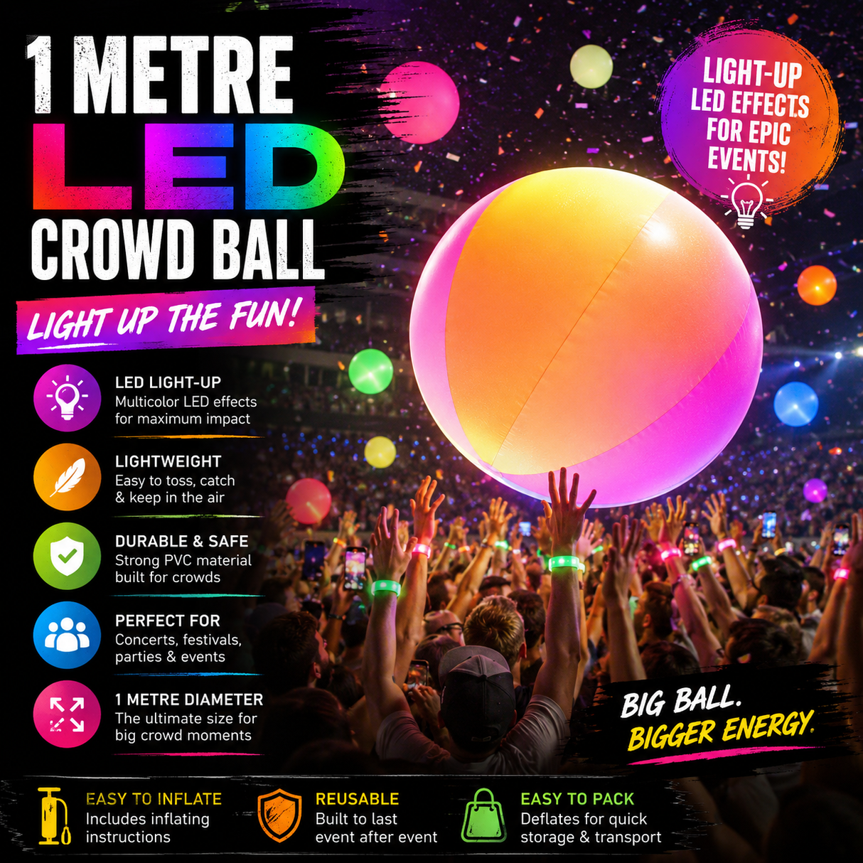 LED Crowd Balls - 1 Metre (LED = Light-Up)